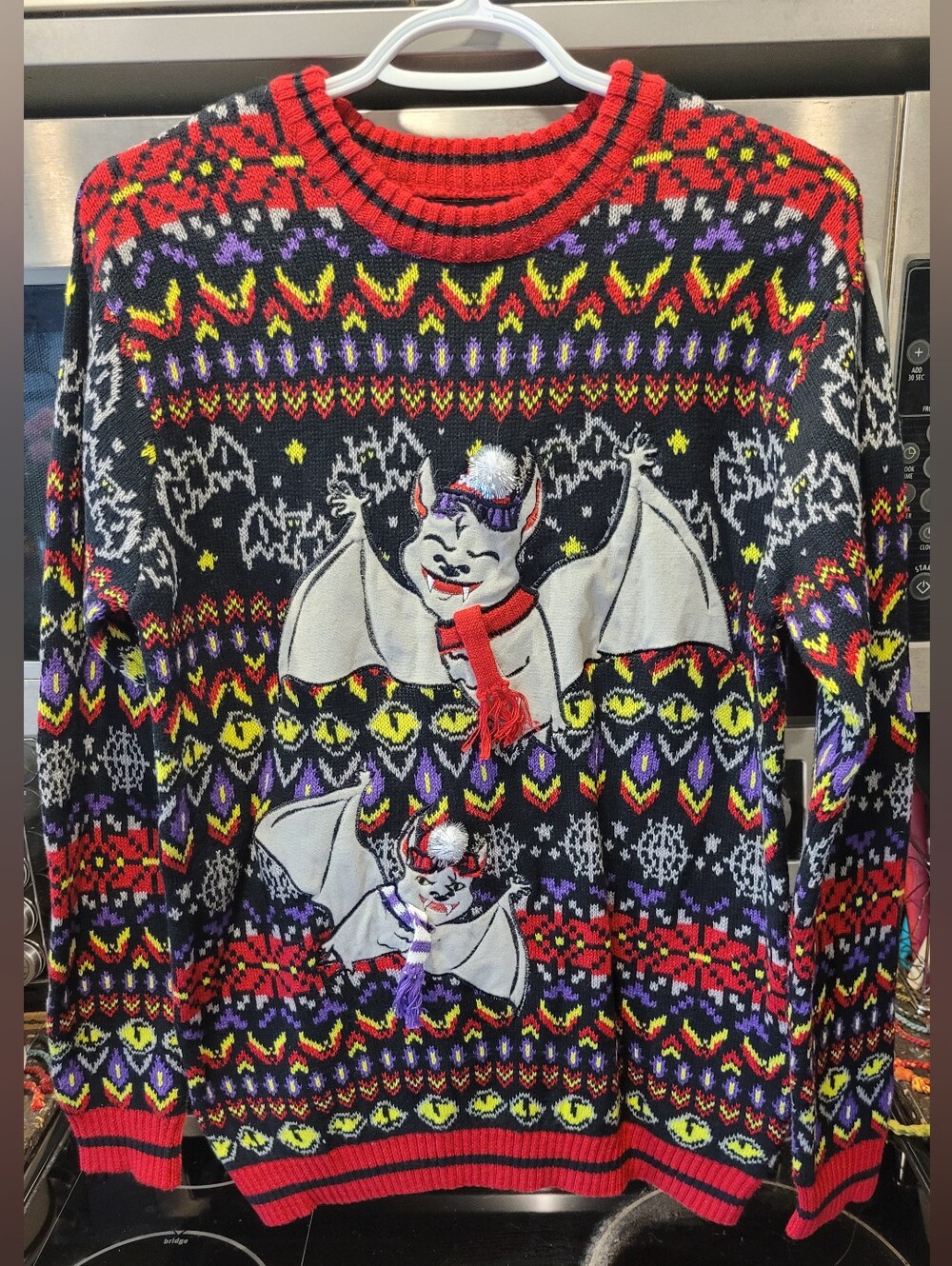 Men's Black Multicolor Crewneck Holiday Sweater with Bat Appliqués - Christmas